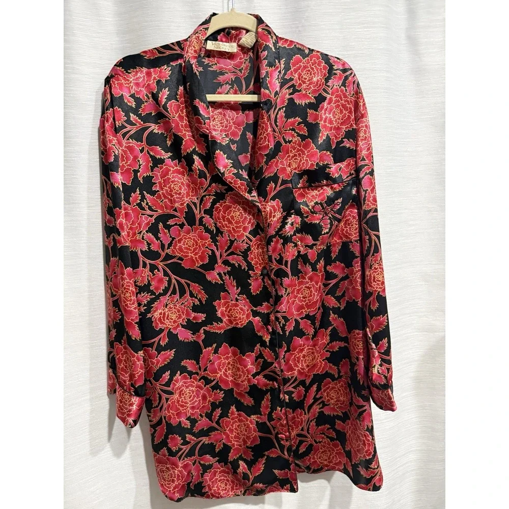 Vintage Gold Label Victoria Secret Button Down Red Floral Black Semisheer Sz M